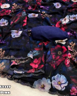 Floral Chiffon saree with Scalloped Border