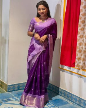 Purple Dola Silk Saree With Contrast Lavender Blouse