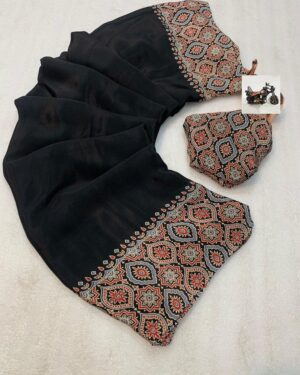 Pure Ajrakh Satin Silk Saree With Blouse