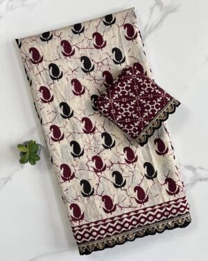 Kalamkari Mulmul Cotton Saree With Scalloped Cutwork Sequence Border