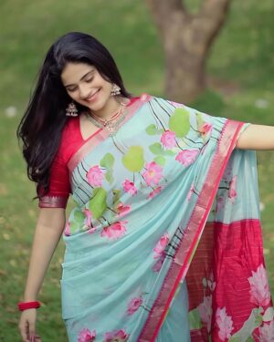 Thamarai Digital Printed Linen Saree With Contrast Jacquard Border
