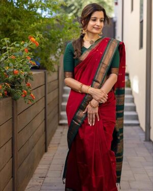 Pure Kalyani Silk Cotton Saree | Red With Bottle Green