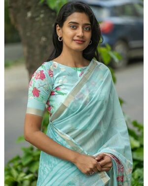 Pure Cotton Linen Saree With Floral Digital Print