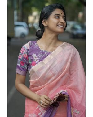 Digital Floral Printed Pure Cotton Linen Saree (Dual Colour)