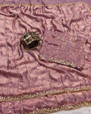 Premium Party Wear Pure Space Silk Saree With Golden Embroidery Beads