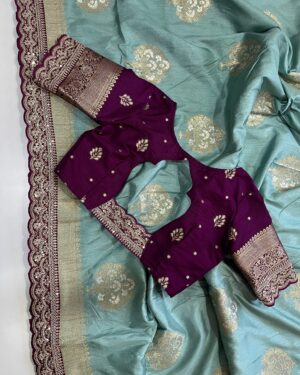 Premium Silk Saree With Sequence Embroidery Border and Contrast Blouse