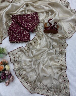 Premium Designer Saree With Embroidery Work Contrast Blouse