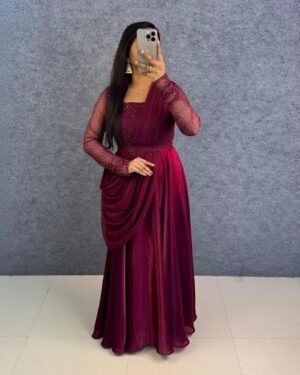 3 in 1 Draped Style Gown With Premium Beads Work Paired with Dupatta and Belt