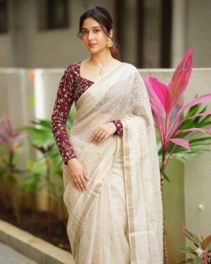 Pure Viscose Georgette Checks Weaving Saree With Heavy Embroidery Blouse
