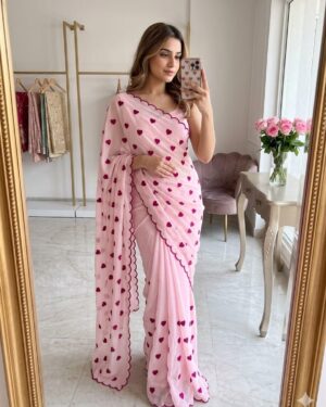 Pink Heart Georgette Saree With Thread Embroidery Work