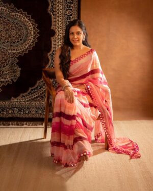 Pure Linen Saree With Embroidery Mirror Work