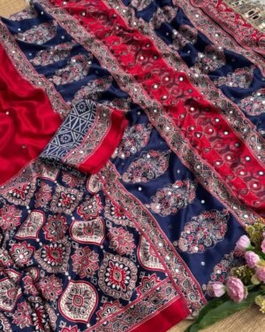 Premium Semi Modal Ajrakh Silk Saree With Blouse